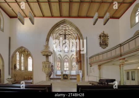 Vista interna della chiesa della città protestante tardo gotica, Schorndorf, Baden-Wuerttemberg, Germania Foto Stock