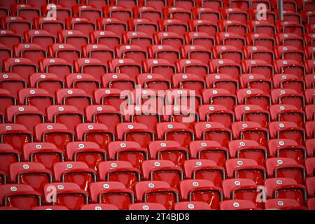 Posti vuoti, file di posti, sedili, numerati, rossi, grandstand, MHPArena, MHP Arena Stuttgart, Baden-Wuerttemberg, Germania Foto Stock