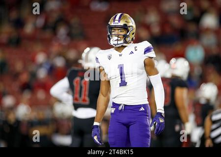 Il wide receiver dei Washington Huskies Rome Odunze (1) guarda durante una partita di football universitario della stagione regolare contro gli Stanford Cardinal, sabato, ottobre Foto Stock