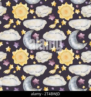 Acquerello illustrazione disegnata a mano, oggetti dell'universo del cosmo magico, cielo sole stelle nuvole cometa luna. Pattern senza cuciture isolato su sfondo scuro. Per Foto Stock