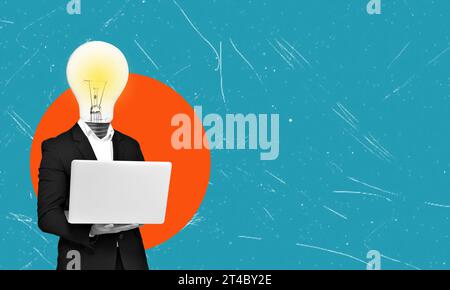 Un collage artistico contemporaneo con un'immagine di un uomo vestito da lavoro con un computer portatile e una lampadina al posto della testa. Il concetto di un SM Foto Stock