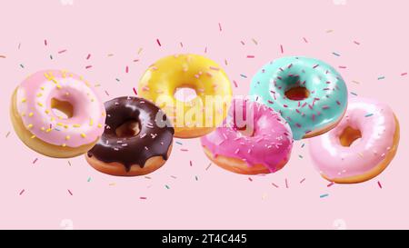 Assortimento di ciambelle che cadono o volano dai colori vivaci con spruzzi che cadono in movimento su uno sfondo rosa Foto Stock