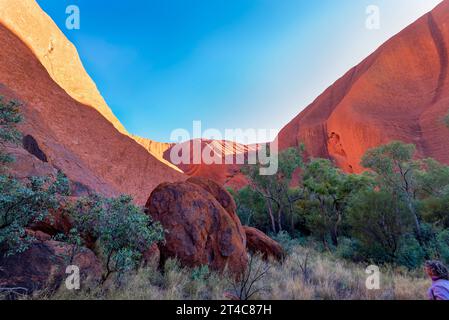 Massi di arenaria che giacciono accanto a Uluru nel territorio del Nord, in Australia, entrambi composti da arcosio tardo neoproterozoico/Cambriano Foto Stock