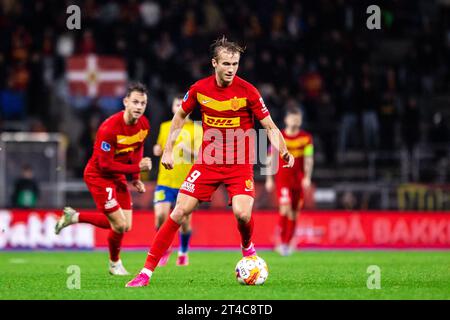 Broendby, Danimarca. 29 ottobre 2023. Benjamin Nygren (9) dell'FC Nordsjaelland visto durante il 3F Superliga match tra Broendby IF e FC Nordsjaelland al Broendby Stadion di Broendby. (Foto: Gonzales Photo/Alamy Live News Foto Stock