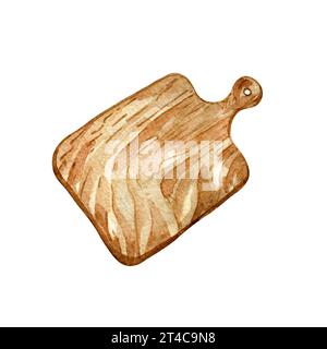 Tavola da taglio in legno con acquerello isolato su sfondo bianco. Tavola da taglio da cucina disegnata a mano. Elemento di design per menu, mercato, ingredienti Foto Stock