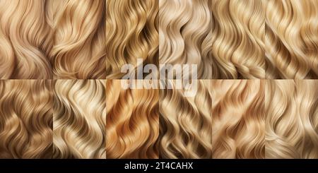 Primo piano con i capelli biondi. Donna capelli biondi, ricci luminosi ondulati splendidamente decorati. Colorazione dei capelli. Procedure di parrucchiere, estensione Foto Stock