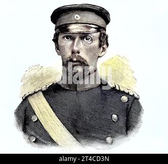 Deutsche Militärs im Deutsch-Französischen Krieg 1870 - 1871, Chef der Militärtelegraphie, Oberst Meydam, Reproduktion eines Holzschnitts von 1882, digital verbessert / Military people of Germany in the Franco-Prussian War 1870 - 1871, Chief of the Militair Telegraphy, Colonel Meydam, riproduzione di una legna del 1882, digital improved Foto Stock