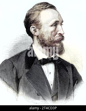 Heinrich von Stephan, geboren als Ernst Heinrich Wilhelm Stephan, 7. Gennaio 1831 - 8. 1897 aprile, War ein Generalpostdirektor des Deutschen Reiches, der das deutsche Postwesen reorganisierte, Reproduktion eines Holzschnitts von 1882, digital verbessert / Heinrich von Stephan, nato Ernst Heinrich Wilhelm Stephan, 7 gennaio 1831 - 8 aprile 1897, era un direttore generale delle poste per l'Impero tedesco che riorganizzò il servizio postale tedesco, riproduzione di un taglio di legno del 1882, miglioramento digitale Foto Stock