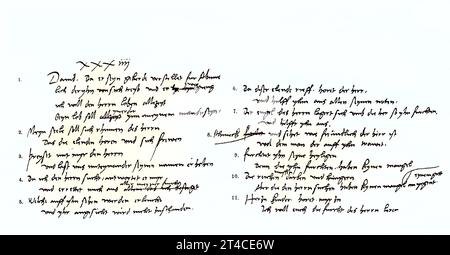 Restauriert digitale, die Übersetzung der ersten elf Verse des 34. Salmi in Luthers Originalausgabe, Veröffentlichung aus dem Jahr 1882 / Digital Improved:, la traduzione dei primi undici versi del 34° Salmo in Lutero edizione originale, pubblicazione dall'anno 1882 Foto Stock