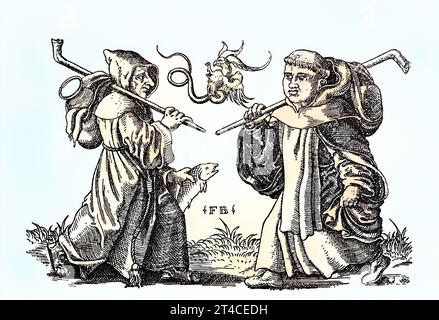 Digital restauriert, Zwei bettelnde Mönche, Kupferstich von Franz Brun um 1560, Veröffentlichung aus dem Jahr 1882 / Digital Improved:, two Begging monks, Copper Engraving by Franz Brun around 1560, Publication from the Year 1882 Foto Stock
