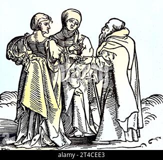 Digital restauriert, Der Bettelmönch bettelt um zwei Frauen, Holzschnitt von Hans Sebald Beham, Veröffentlichung aus dem Jahr 1882 / Digital Improved:, The Begging monk Begs for two Women, Woodcut by Hans Sebald Beham, Publication from the Year 1882 Foto Stock