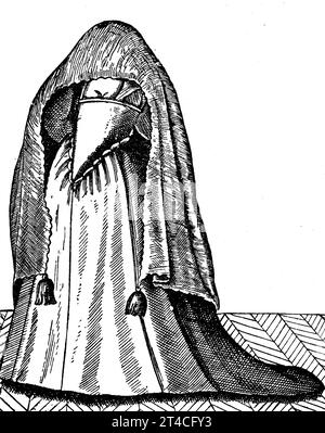 Venezianische Jungfrau in Straßentracht, Modekupfer aus dem 16. Jahrhundert, digital verbesserte Reproduktion aus einer Publikation aus dem Jahr 1880 / Venetian Virgin in Street Costume, Fashion Copper dal XVI secolo, digital Improved Reproduction from a Publication of the Year 1880 Foto Stock