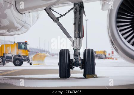 Giornata invernale all'aeroporto durante le nevicate. Attenzione selettiva sugli aerei innevati. Spazzaneve che rimuovono la neve dalla pista. Foto Stock