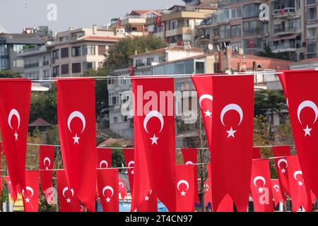 Molte bandiere turche sullo sfondo dell'edificio. Giorno nazionale della Turchia giorno della repubblica concetto di giorno dell'indepenza. Foto Stock