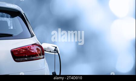 Primo piano della presa per auto elettrica con un cavo di ricarica collegato. Foto Stock