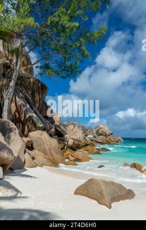 Rocce di granito sulla scenografica spiaggia tropicale di Grand Anse, l'isola di la Digue, Seychelles Foto Stock