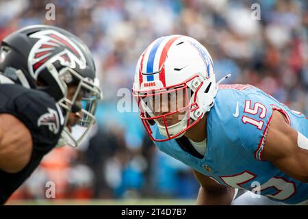 Nashville, Stati Uniti. 29 ottobre 2023. Il wide receiver dei Tennessee Titans Nick Westbrook-Ikhine (15) contro gli Atlanta Falcons al Nissan Stadium di Nashville, Tennessee, il 29 ottobre 2023. (Foto di Kindell Buchanan/Sipa USA) credito: SIPA USA/Alamy Live News Foto Stock