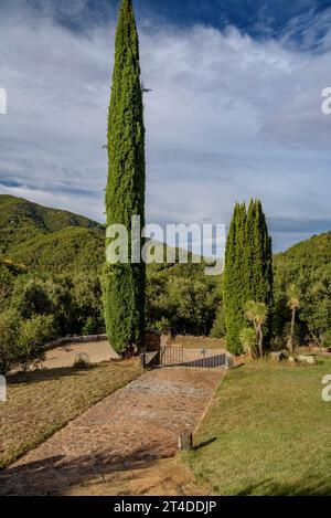 Spazi comuni all'aperto nella casa rurale CAN Xisquet, a Viladrau (Osona, Catalogna, Spagna) ESP: Estancias exteriores comunas en una casa Rural Foto Stock