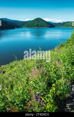 Lago Zetea (Zeteváraljai Tó) nei Carpazi, Transilvania, Romania. Foto Stock