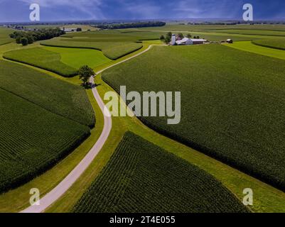 PA Farm Patterns: Vista aerea dei campi di mais a perdita d'occhio, dei fienili e dei terreni coltivati a silos. Foto Stock