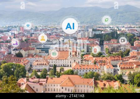 Concetto di controllo intelligente delle città con intelligenza artificiale. Le icone sorvolano la città Foto Stock