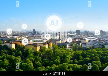 Città intelligente moderna con intelligenza artificiale che controlla i rami della vita. Icone e connessioni di rete volano sulla città Foto Stock