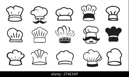 Set di cappelli da cuoco Chef disegnati a mano in un libro da colorare in stile fumetto, logo Illustrazione Vettoriale