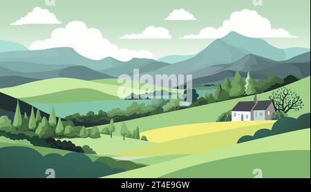 Campi colline Farm House Paesaggio sfondo Illustrazione Vettoriale