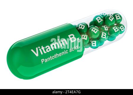 Capsula di vitamina B5, pantotenica. Rendering 3D isolato su sfondo bianco Foto Stock