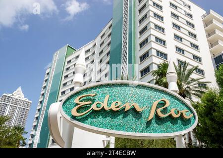 Miami Beach Florida, esterno, hotel con ingresso frontale, Collins Avenue, insegna Eden Roc Miami Beach, grattacielo alto edificio della città Foto Stock