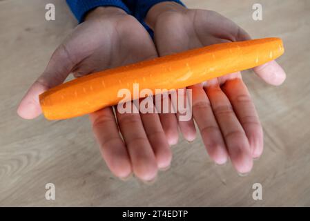 La donna tiene il cibo in mano. la ragazza tiene le carote in mano. Carote arancioni in mano. Foto Stock
