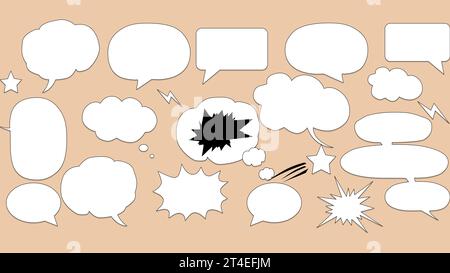 Fumetti retrò vuoti ed elementi con ombre di mezzitoni nere su sfondo beige. Illustrazione vettoriale, design vintage, stile pop art. Foto Stock