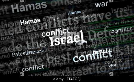 Israele Hamas Palestina conflitto crisi di guerra. Titoli di notizie internazionali media astratti Concept illustrazione 3D. Foto Stock