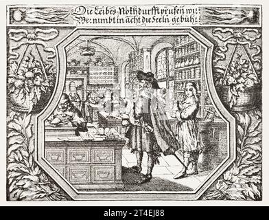 Clienti (forse) nel negozio di farmacie del 17esimo secolo, rivestiti di scaffali di bottiglie e vasetti. 1633. Scena dal libro religioso. Vedere Note. Foto Stock