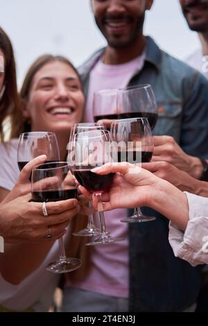 Amici che brindano, festeggiano insieme. Persone che si divertono all'aperto. Foto Stock