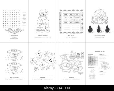 Set di sette giochi. Tema natalizio. Pagina di gioco e colorazione per bambini. Lingua danese. Illustrazione vettoriale. Impostare N. 3. Illustrazione Vettoriale