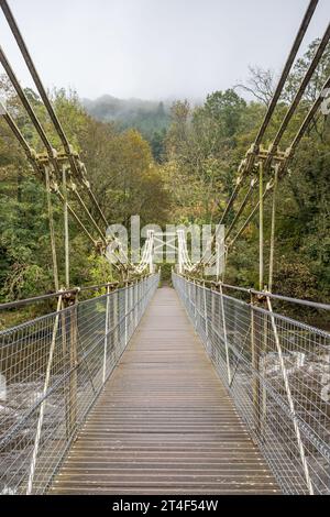 Un vecchio Ponte delle catene si estende sul fiume Dee vicino a Llangollen visto sotto la nebbia e le nuvole nell'autunno del 2023. Foto Stock