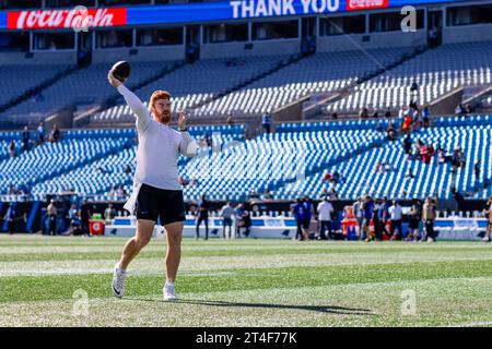 Charlotte, NC, USA. 29 ottobre 2023. Il quarterback dei Carolina Panthers Andy Dalton (14) lanciò prima della partita della NFL contro gli Houston Texans a Charlotte, NC. (Scott Kinser/Cal Sport Media). Credito: csm/Alamy Live News Foto Stock