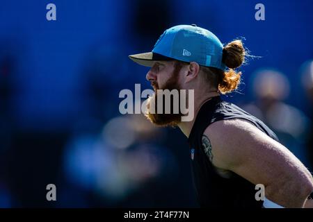 Charlotte, NC, USA. 29 ottobre 2023. Il tight end dei Carolina Panthers Hayden Hurst (81) prima della partita della NFL contro gli Houston Texans a Charlotte, NC. (Scott Kinser/Cal Sport Media). Credito: csm/Alamy Live News Foto Stock