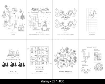 Set di sette giochi. Tema natalizio. Pagina di gioco e colorazione per bambini. Lingua danese. Illustrazione vettoriale. Impostare N. 2. Illustrazione Vettoriale