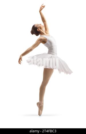 Foto a profilo completo di una ballerina che balla isolata su sfondo bianco Foto Stock