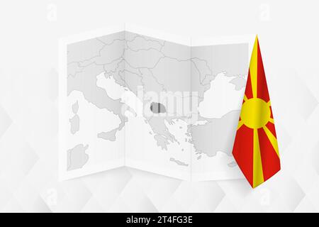 Una mappa in scala di grigi della Macedonia del Nord con una bandiera macedone appesa su un lato. Mappa vettoriale per molti tipi di notizie. Illustrazione vettoriale. Illustrazione Vettoriale