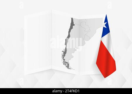 Una mappa in scala di grigi del Cile con una bandiera cilena appesa su un lato. Mappa vettoriale per molti tipi di notizie. Illustrazione vettoriale. Illustrazione Vettoriale