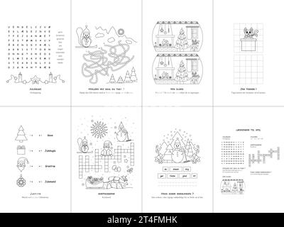 Set di sette giochi. Tema natalizio. Pagina di gioco e colorazione per bambini. Lingua danese. Illustrazione vettoriale. Impostare N. 1. Illustrazione Vettoriale