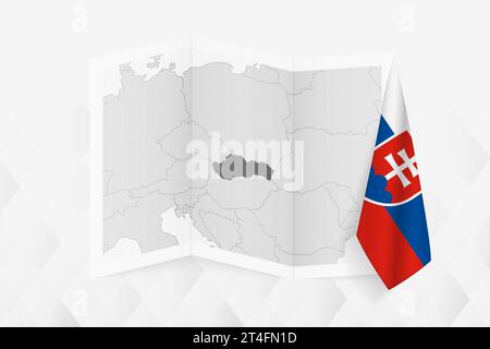 Una mappa in scala di grigi della Slovacchia con una bandiera slovacca appesa su un lato. Mappa vettoriale per molti tipi di notizie. Illustrazione vettoriale. Illustrazione Vettoriale