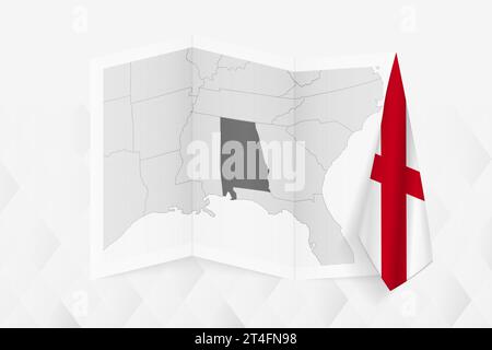 Una mappa in scala di grigi dell'Alabama con una bandiera dell'Alabama appesa su un lato. Mappa vettoriale per molti tipi di notizie. Illustrazione vettoriale. Illustrazione Vettoriale