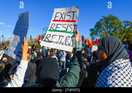 A Montreal, in Canada, una moltitudine di manifestanti uniti in solidarietà con i palestinesi, chiedendo con fervore un cessate il fuoco urgente a Gaza, 28 ottobre 2023 Foto Stock