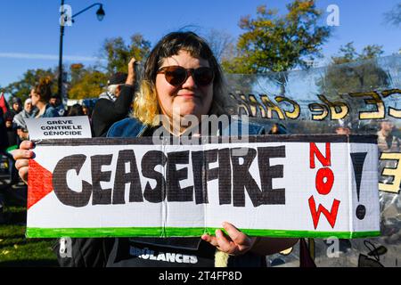 A Montreal, in Canada, una moltitudine di manifestanti uniti in solidarietà con i palestinesi, chiedendo con fervore un cessate il fuoco urgente a Gaza, 28 ottobre 2023 Foto Stock