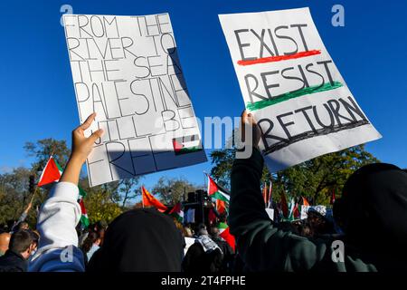 A Montreal, in Canada, una moltitudine di manifestanti uniti in solidarietà con i palestinesi, chiedendo con fervore un cessate il fuoco urgente a Gaza, 28 ottobre 2023 Foto Stock