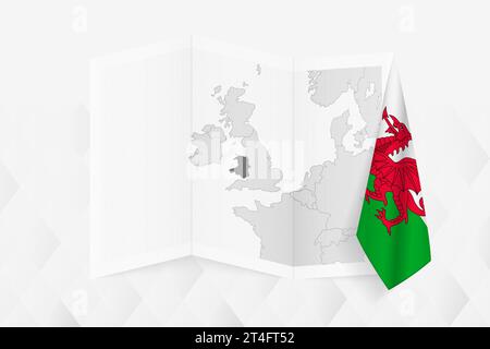 Una mappa in scala di grigi del Galles con una bandiera del Galles appesa su un lato. Mappa vettoriale per molti tipi di notizie. Illustrazione vettoriale. Illustrazione Vettoriale
